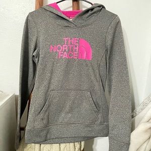 Grey and pink North Face hoodie. Size XS. Used.